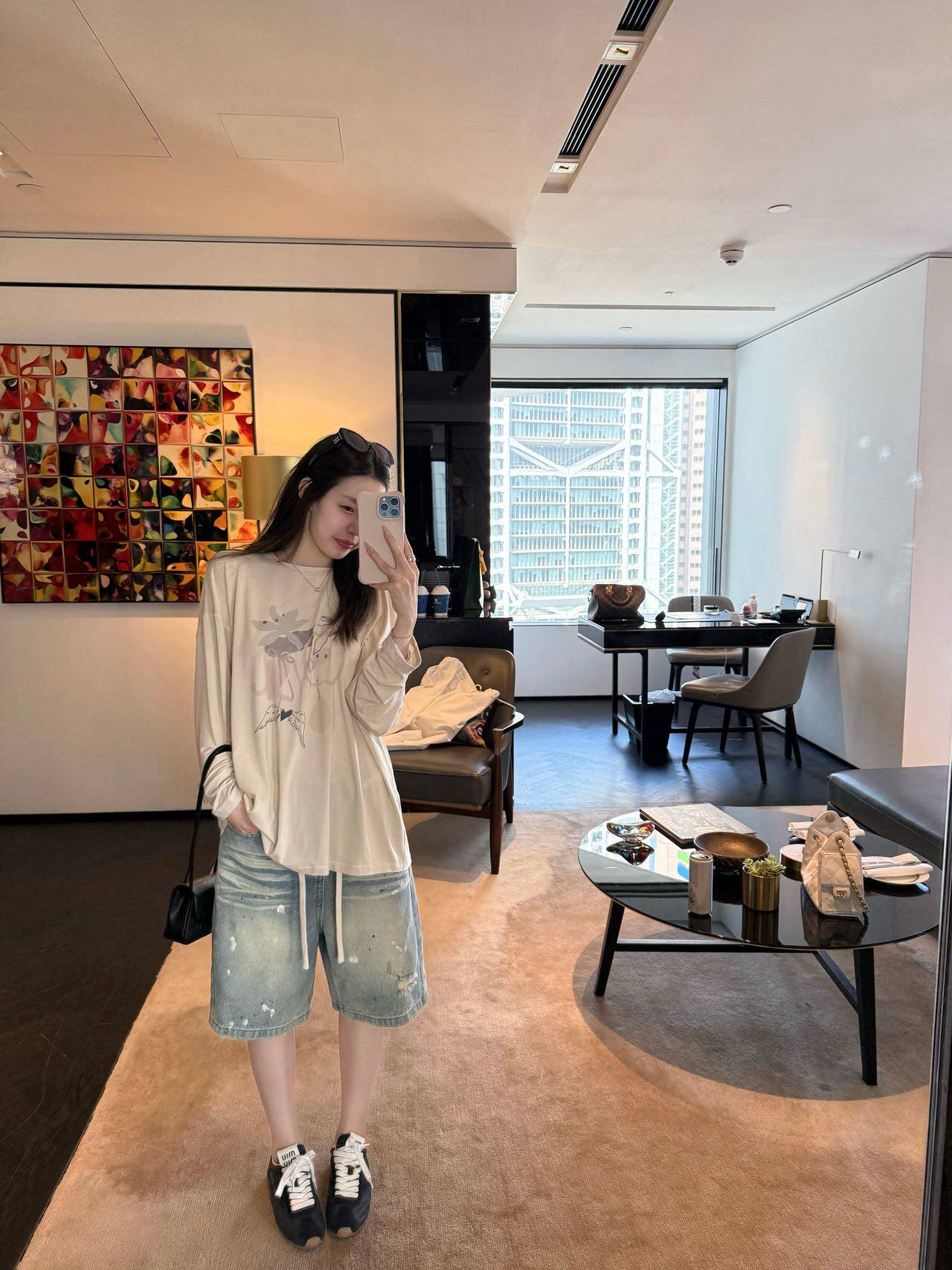 oker章壳儿оригинал ~ Футболка с принтом круглый вырез длинный рукав корейский стиль универсальная свободная повседневная весна 26 A409