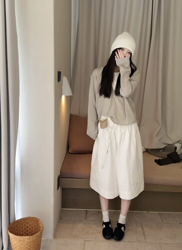 amidi正品～白色休闲裤针织中裤松紧腰百搭简约直筒裤26秋季新款