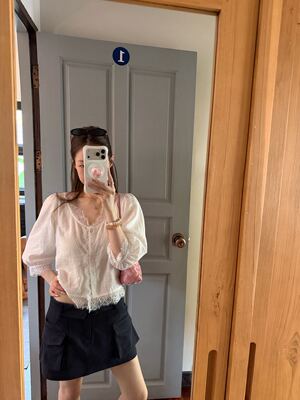 oker章壳儿正品～法式天丝苎麻蕾丝花边v领衬衫女A939
