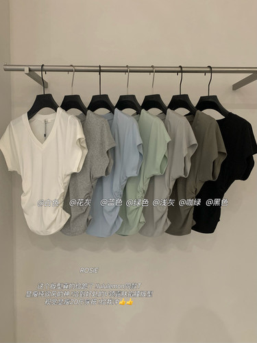 Rosie/olive正品～lulu同款褶皱收腰显瘦辣妹V领T恤短袖