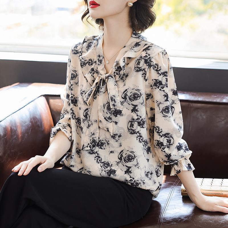中年妈妈春装2025新款雪纺小衫长袖t恤中老年女装春夏衬衫上衣服