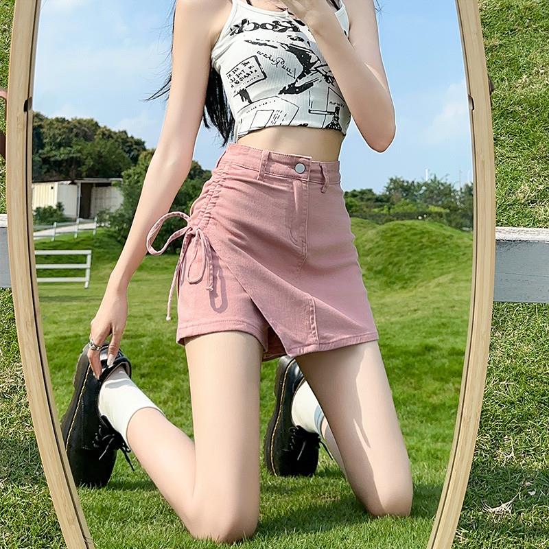 粉色牛仔短裙女夏季薄款不规则半身裙2025抽绳超A甜辣裙裤裤裙子