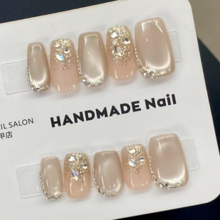 北海道恋人纯手工穿戴甲裸肤自然色浅香槟靓丽假指甲美甲贴片10片