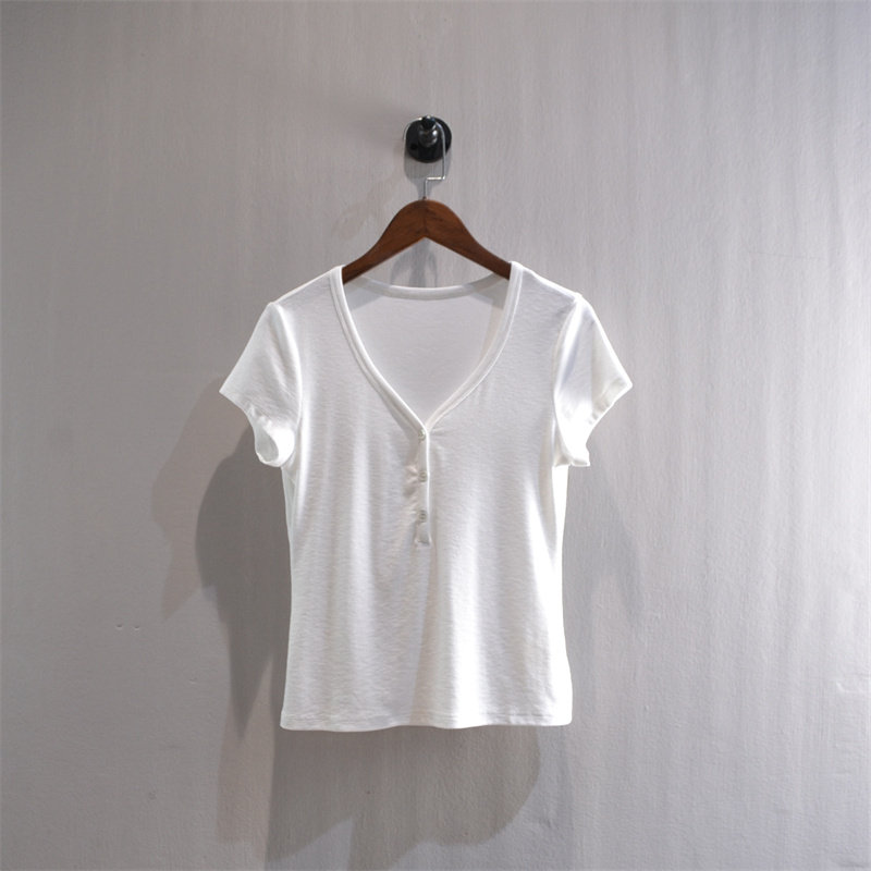 金诚家jinchengjia女装极简风V领短袖白色纽扣修身显瘦百搭上衣