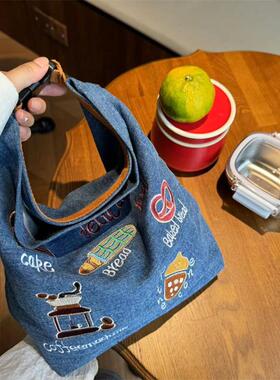 刺绣保温饭盒袋便携上班族大容量高颜值牛仔通勤手提包学生便当包