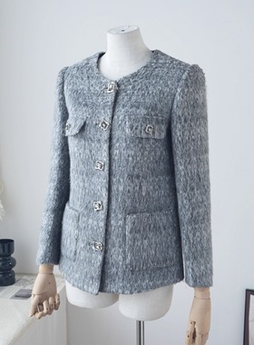 【小香外套】时髦灰色羊毛外套女2025秋新款圆领单排扣西装长上衣