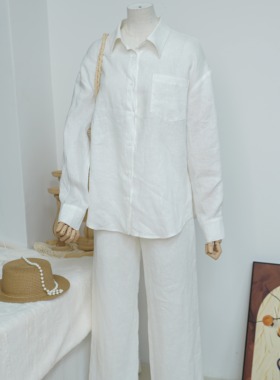 【天鹅羽翼】100雨露亚麻老钱风长袖白色衬衫欧货阔腿裤夏季百搭