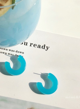 湖蓝色chic耳环治愈系气质时尚网红小众设计感简约耳钉S925银针