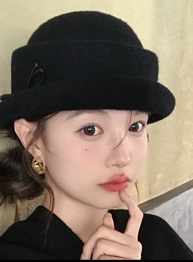 赫本风蝴蝶结卷边羊毛礼帽女秋冬新款保暖毛呢盆帽优雅气质渔夫帽