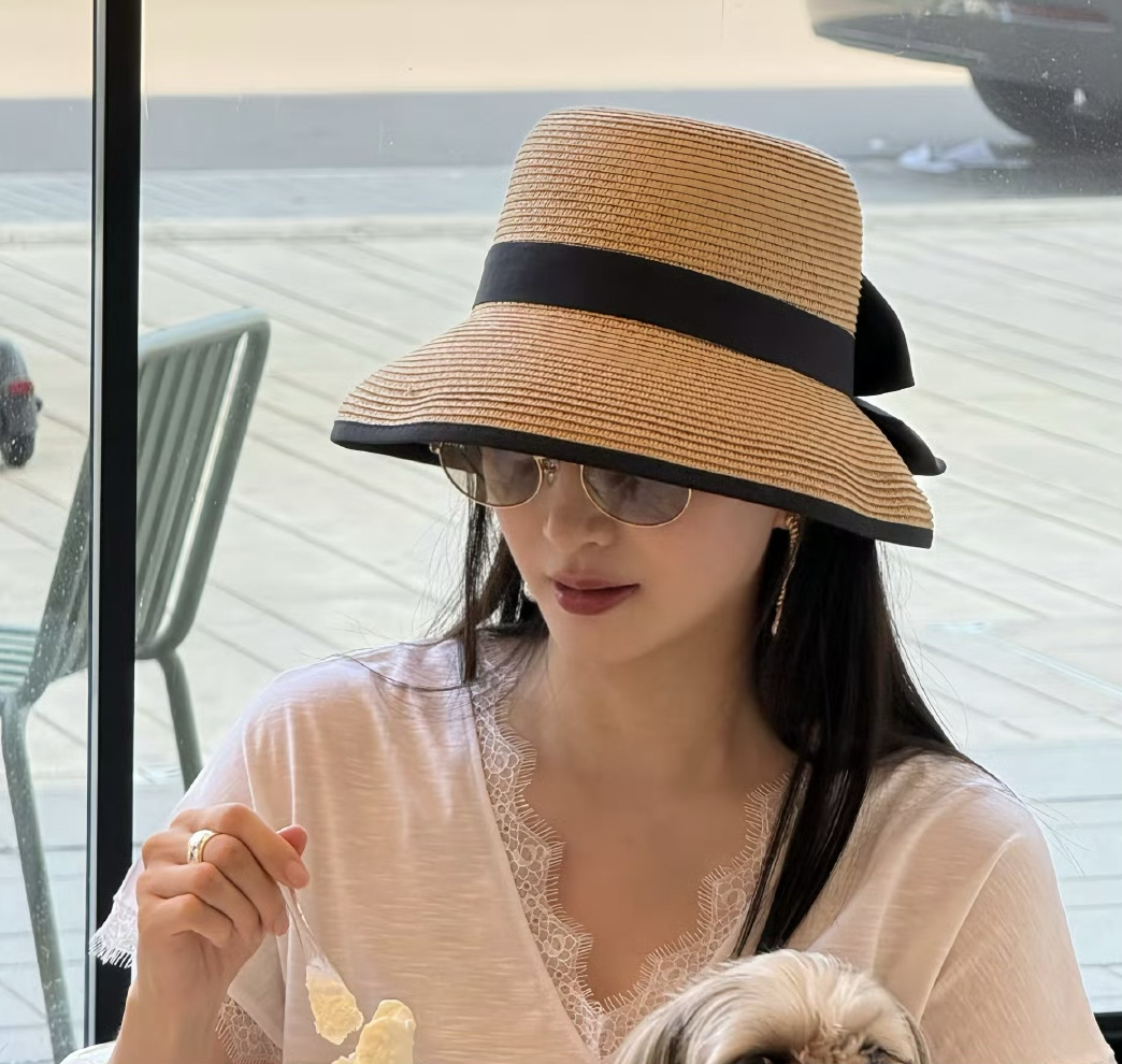 江疏影同款法式蝴蝶结系带草帽子女夏季度假风海边太阳帽防晒帽