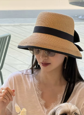 江疏影同款法式蝴蝶结系带草帽子女夏季度假风海边太阳帽防晒帽