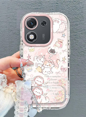 适用荣耀X70i手机壳honor华为X7Oi新款猫咪格子ABR一AN00全包ABRAN防摔带支架手链i70X女生可爱外壳Xi保护套