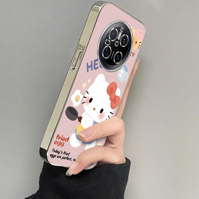适用华为mate70手机壳新款mate60/50/40pro煎鸡蛋kt猫粉底mete30e防摔硅胶M60RS全包软壳mate20por电镀高级感