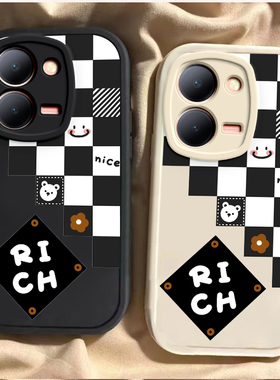 适用vivoy78手机壳新款y77e可爱y76s硅胶保护套vovoy70s全包y78十防摔y73s外壳viviy75s男5g女y71t黑白格子m+