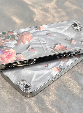 适用苹果6s/7/8plus手机壳新款iPhoneXSmax防摔XR外壳5SE软硅胶11pro全包12/13羽纱粉玫瑰i14P女高级感电镀