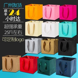 广州正方形加厚白卡特种纸袋ins礼品手提袋鲜花外卖披萨打包袋子