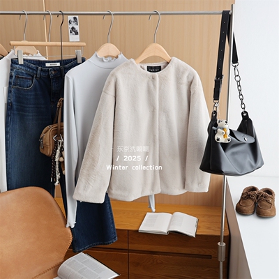  日D~IN*IVI，冬季保暖气质无领毛毛外套，圆领环保仿皮草上衣