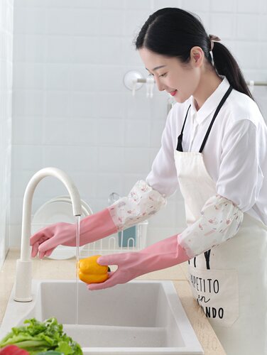 冬天绒里防水橡胶手套洗碗家务厨房耐用加厚长款贴手无味女小号sL