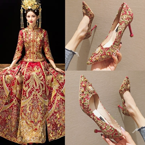 婚鞋女新款红色高跟鞋细跟百搭婚纱个性时尚新娘鞋中式结婚秀禾鞋