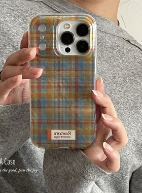 ANNACASE秋冬复古黄蓝色格纹锡纸纹手机壳适用iphone17promax苹果17小众16promax新款15pro女款14防摔保护套