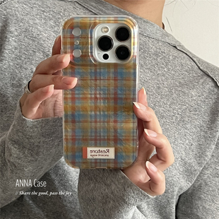 ANNACASE秋冬复古黄蓝色格纹锡纸纹手机壳适用iphone17promax苹果17小众16promax新款15pro女款14防摔保护套