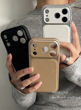 ANNACASEins秋冬高级卡其白色大视窗皮质适用苹果17ProMax手机壳iphone14小众15pro新款16promax防摔保护套17
