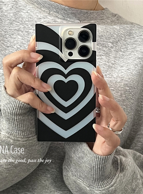 ANNACASE小众少女镭射黑边爱心方形适用于iphone15promax苹果14手机壳15新款13pro硅胶14promax防摔保护套13