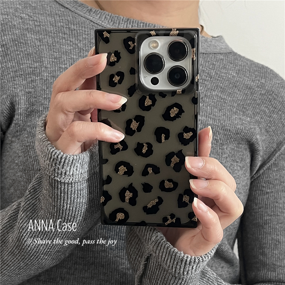 ANNACASE高级感黑金豹纹细闪透黑方形适用于iphone16promax苹果15手机壳16新款13pro硅胶14promax防摔保护套