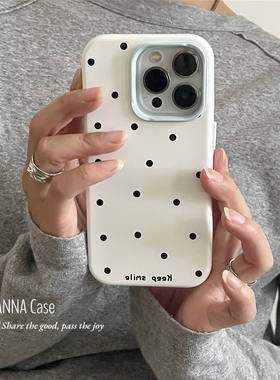 ANNACASE简约白底黑色小波点奶蓝镜头框适用苹果16promax手机壳iphone14小众15pro新款16全包14pro防摔保护套