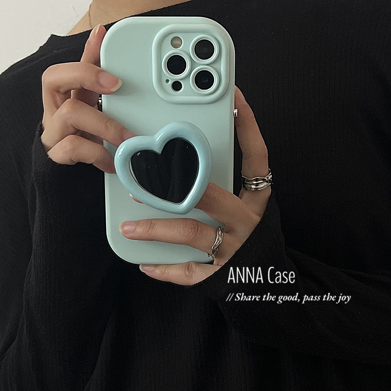 ANNACASE小众薄荷绿色爱心镜子支架适用iphone14promax苹果15手机壳11新款12pro硅胶x全包13Promax防摔保护套