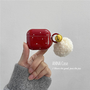 ANNACASE小众ins复古红色小波点毛球铃铛挂件适用airpods4耳机壳保护套1/2代苹果AirPodsPro硅胶保护壳新三代