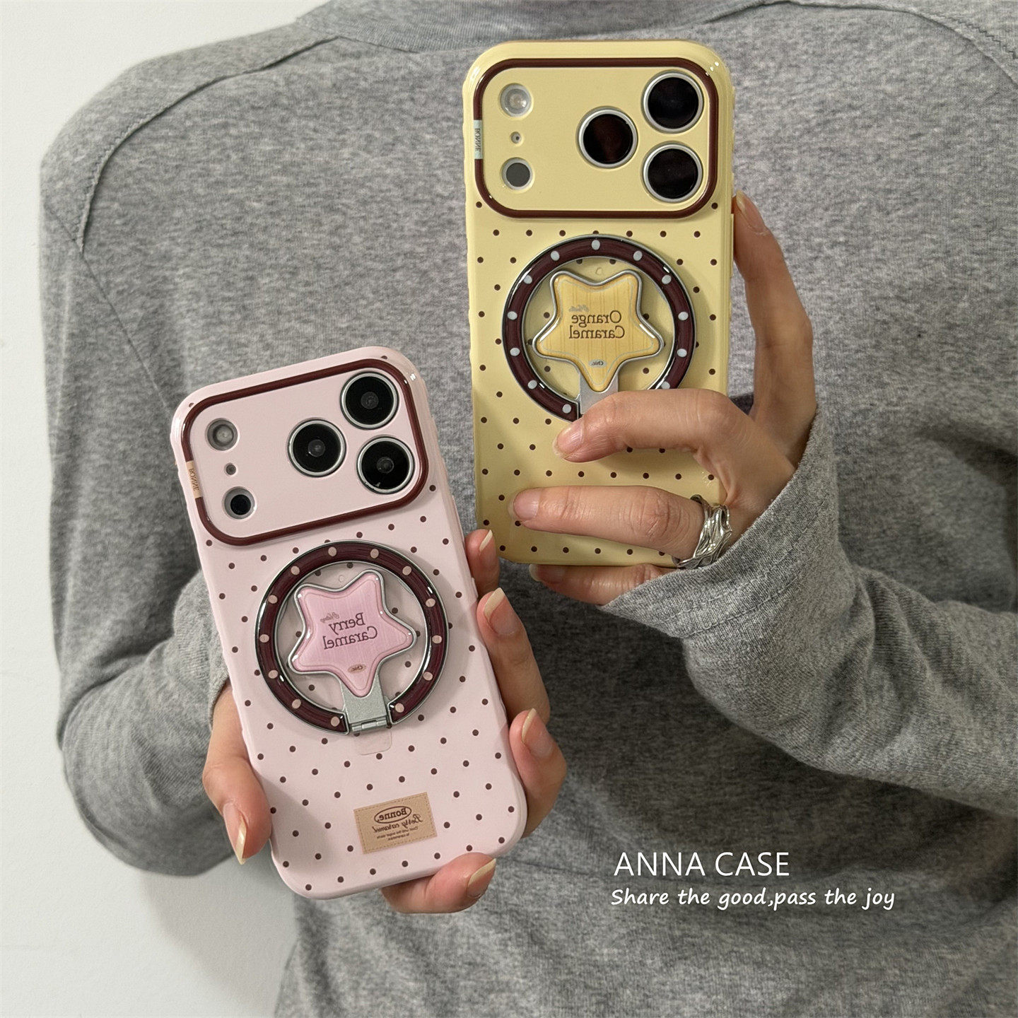 ANNACASE可爱粉黄小波点星星磁吸支架手机壳适用iphone17promax苹果14软13新款15pro全包16ProMax防摔保护套