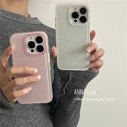 ANNACASE小众ins温柔少女细闪粉白色适用苹果16promax手机壳iphone14全包12pro新款15光面13promax防摔保护套