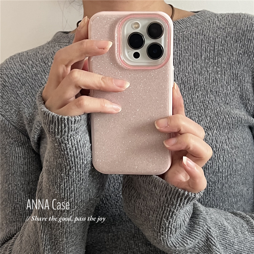 ANNACASE高级感少女浅粉色细闪滴胶适用苹果16promax手机壳iphone14全包15pro新款15小众13promax防摔保护套