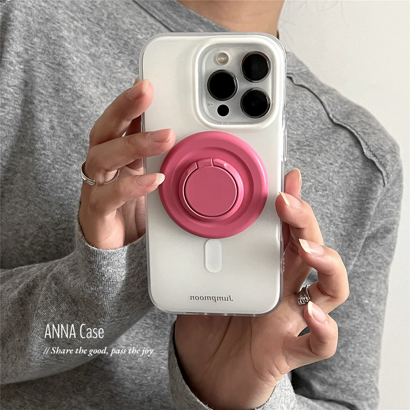ANNACASE韩国ins少女玫红旋转磁吸支点支架手机壳适用于iPhone16pro新款15promax苹果13全包14防摔保护套16软