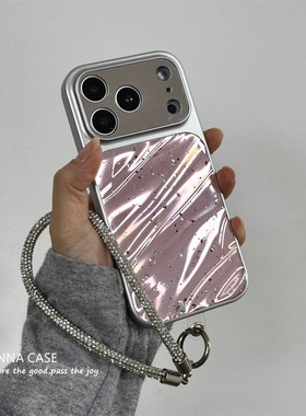 ANNACASE少女浅粉水波纹大视窗闪钻挂绳适用苹果17promax手机壳iphone17防摔15pro新款14全包16promax保护套