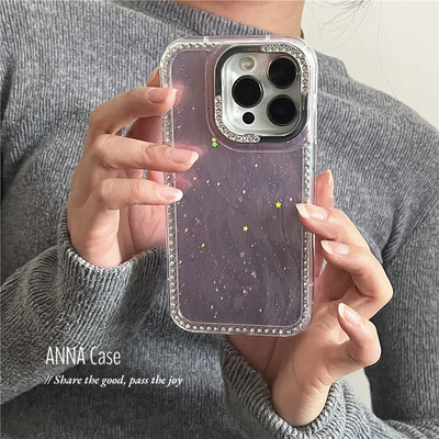 浪漫粉色羽纱满天星闪钻边手机壳