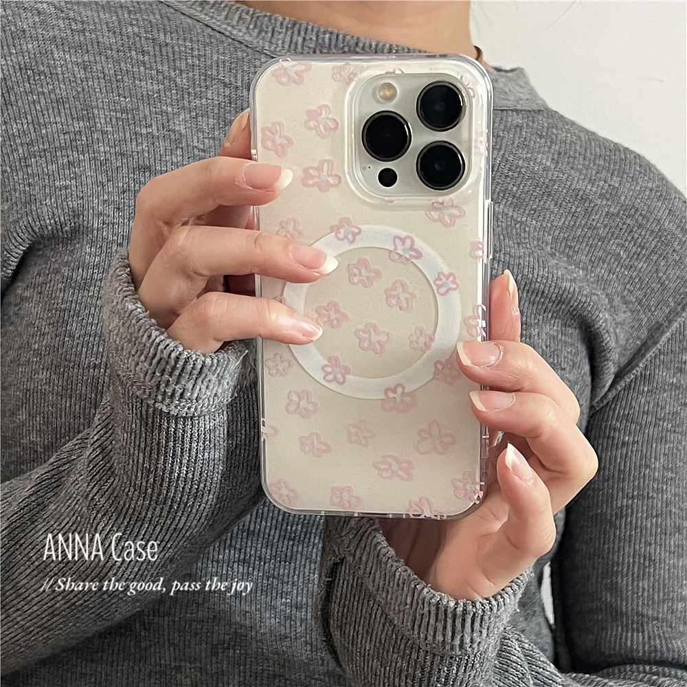 春夏浅粉细闪线条小花磁吸手机壳