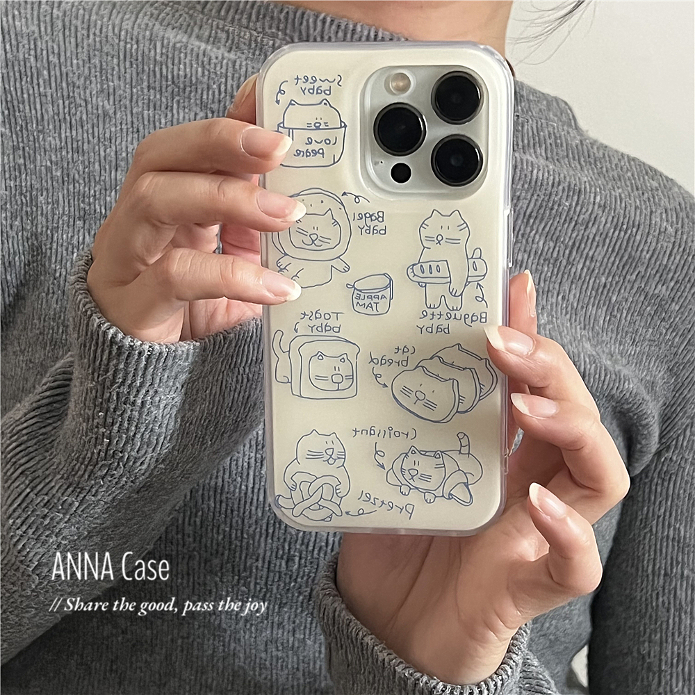 ANNACASE可爱简笔蓝色线条猫咪适用苹果16promax手机壳iphone14小众15pro新款16全包软壳13promax防摔保护套