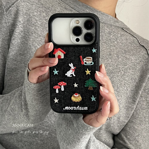 可爱刺绣兔子星星插画牛仔手机壳