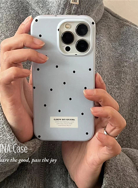 ANNACASE韩国ins少女清新蓝黑小波点标签手机壳适用于iPhone15promax新款16promax苹果13全包12防摔保护套14