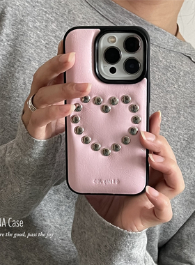 ANNACASE甜酷少女皮粉爱心铆钉适用苹果17promax手机壳iphone14皮革17pro新款15pro全包16promax防摔保护套13