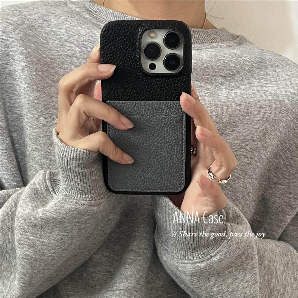 ANNACASE简约高级黑拼灰色插卡包荔枝纹适用iphone17promax苹果17手机壳14新款15pro皮质16Promax防摔保护套
