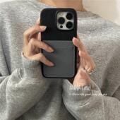 ANNACASE简约高级黑拼灰色插卡包荔枝纹适用iphone17promax苹果17手机壳14新款 15pro皮质16Promax防摔保护套