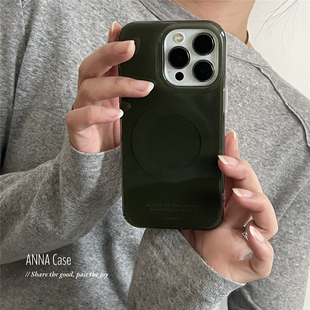 ANNACASE高级感清透松绿色磁吸手机壳适用iphone17promax苹果14光面17pro新款 15pro软壳16Promax防摔保护套16
