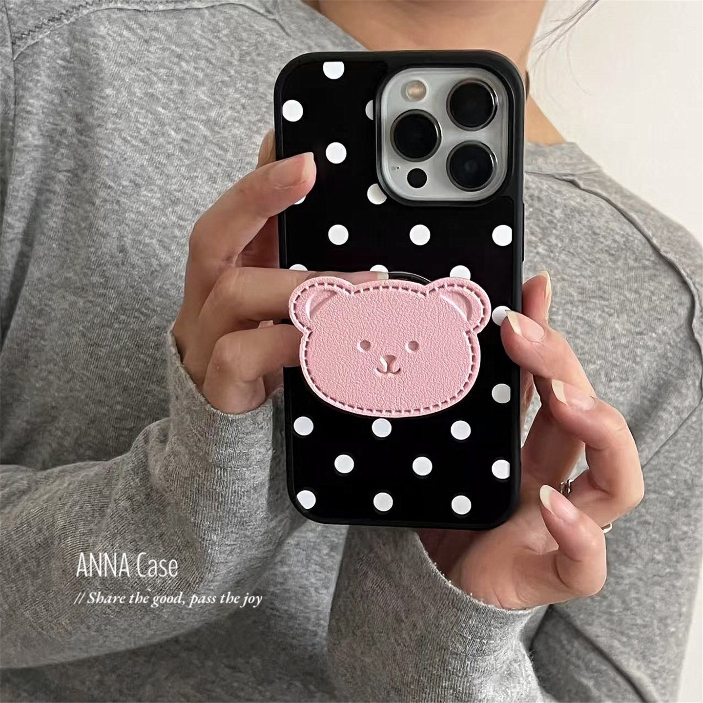 韩系可爱波点粉色小熊支架手机壳