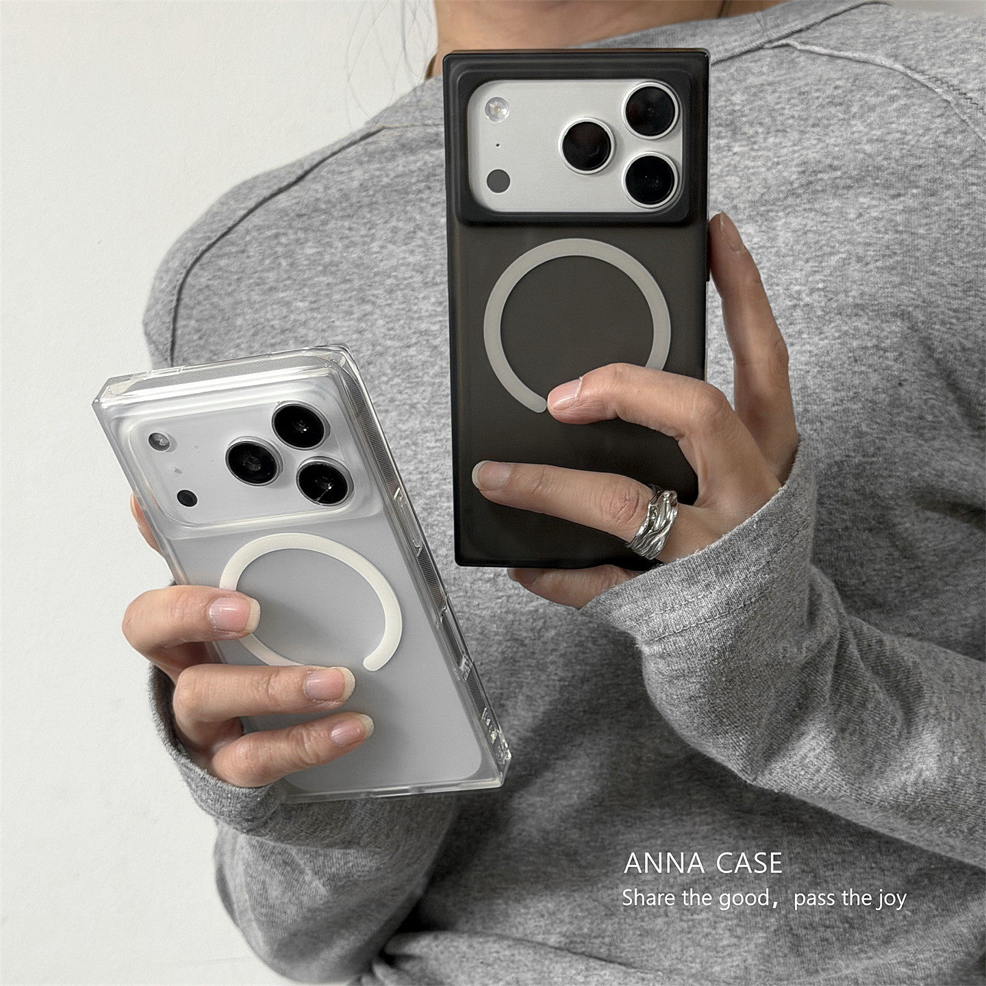 ANNACASE高级黑白透明磨砂方形磁吸手机壳适用iphone17promax苹果17新款15pro全包16Promax防摔保护套14男女