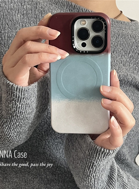 ANNACASE小众ins韩系蓝白棕拼接色磁吸手机壳适用于iPhone16pro新款17promax苹果13高级14防摔保护套15硬壳