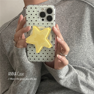ANNACASE淡绿小波点黄色星星细闪磁吸支架手机壳适用iphone17promax苹果16少14新款15pro全包16Pro防摔保护套