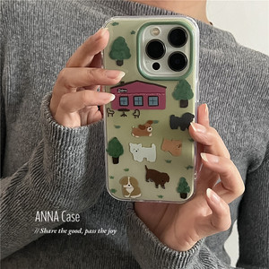 ANNACASE可爱卡通绿色农场油画狗狗适用苹果16promax手机壳iphone14小众15pro新款全包软13promax防摔保护套